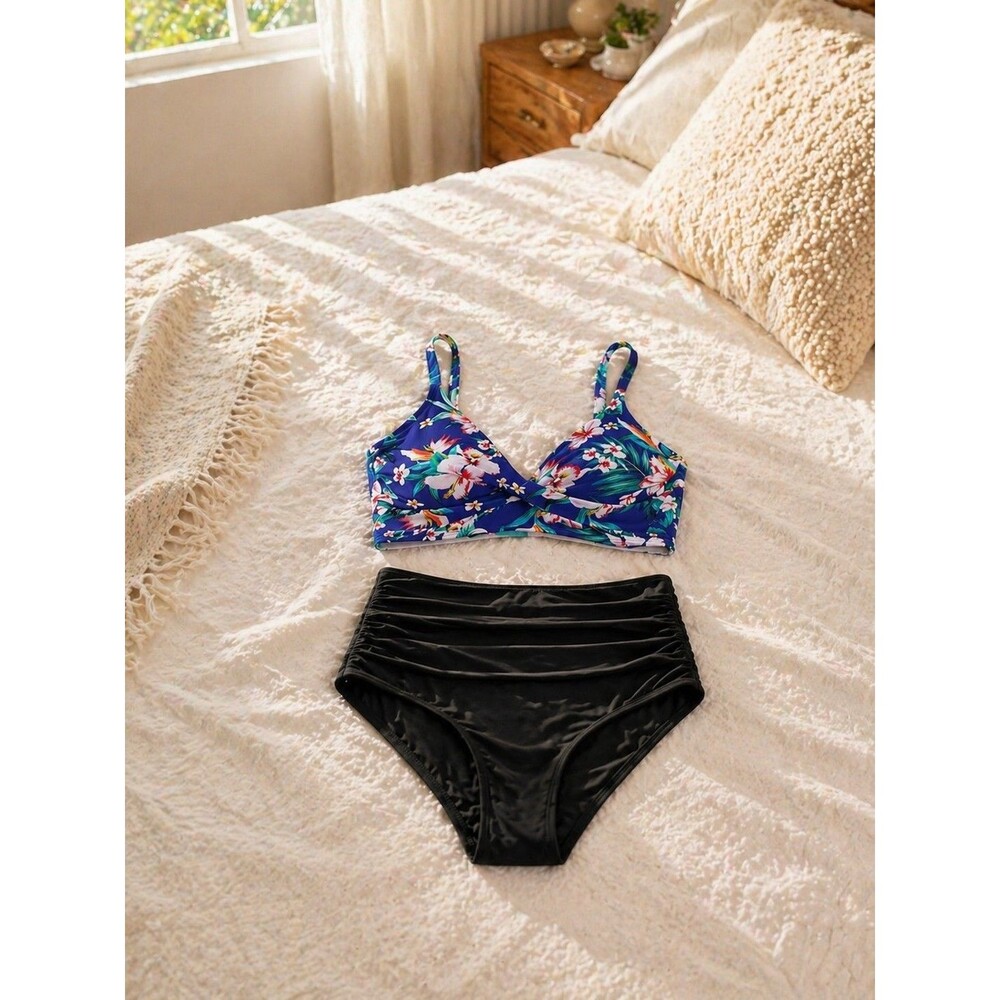 Bikini Set Tropical Floral Top Black High Waisted Bottom Swimsuit XL